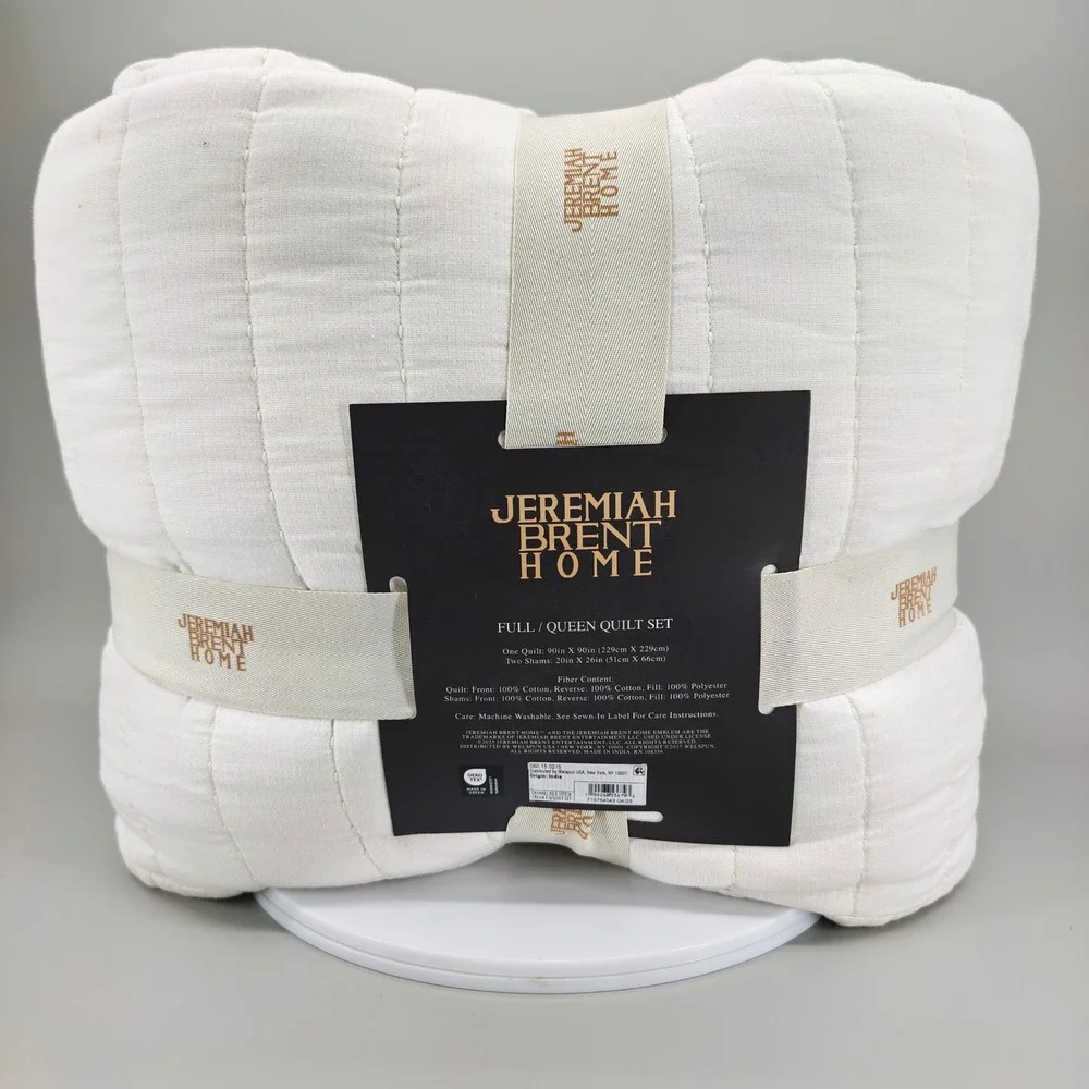 Jeremiah Brent Home Full Queen Quilt Set Cream Vertical Rice Stitch 3pc